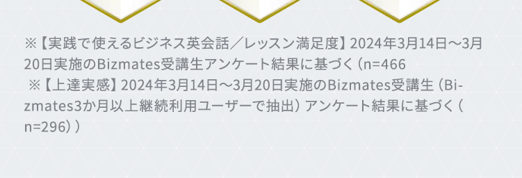 ※【実践で使えるビジネス英会話／レッスン満足度】2024年3月14日～3月20日実施のBizmates受講生アンケート結果に基づく（n=466）